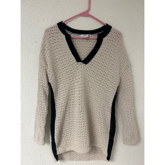 C&C California Sweaters - C&C California Women Cream Black Open Knit V-Neck Sweater XS Pullover